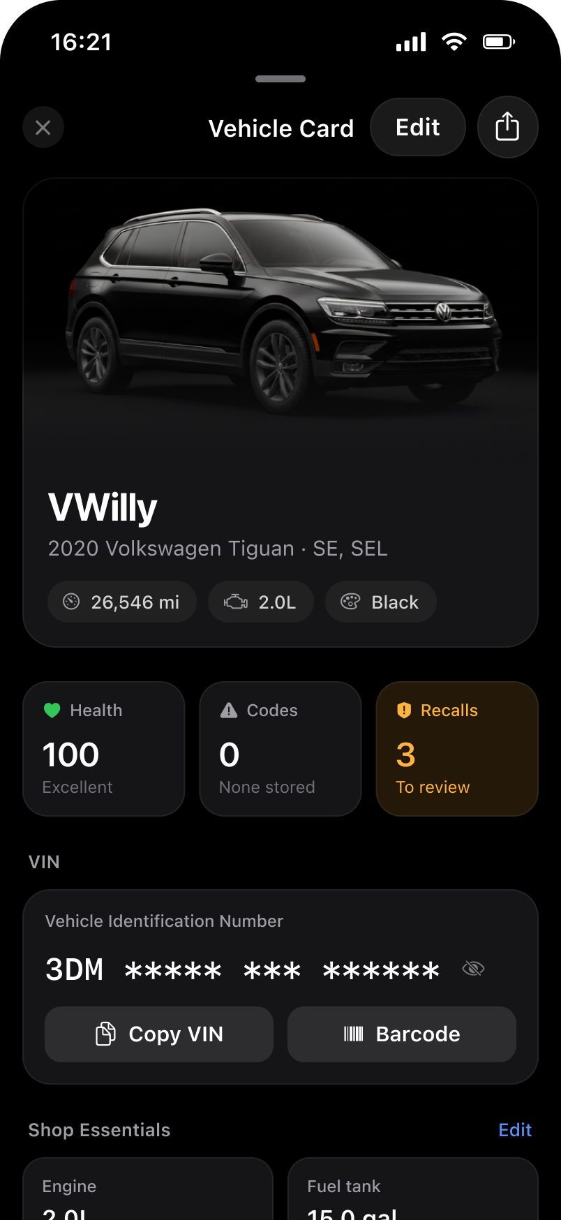 ChatOBD vehicle card for a 2020 Volkswagen Tiguan showing vehicle details, health, codes, and recalls