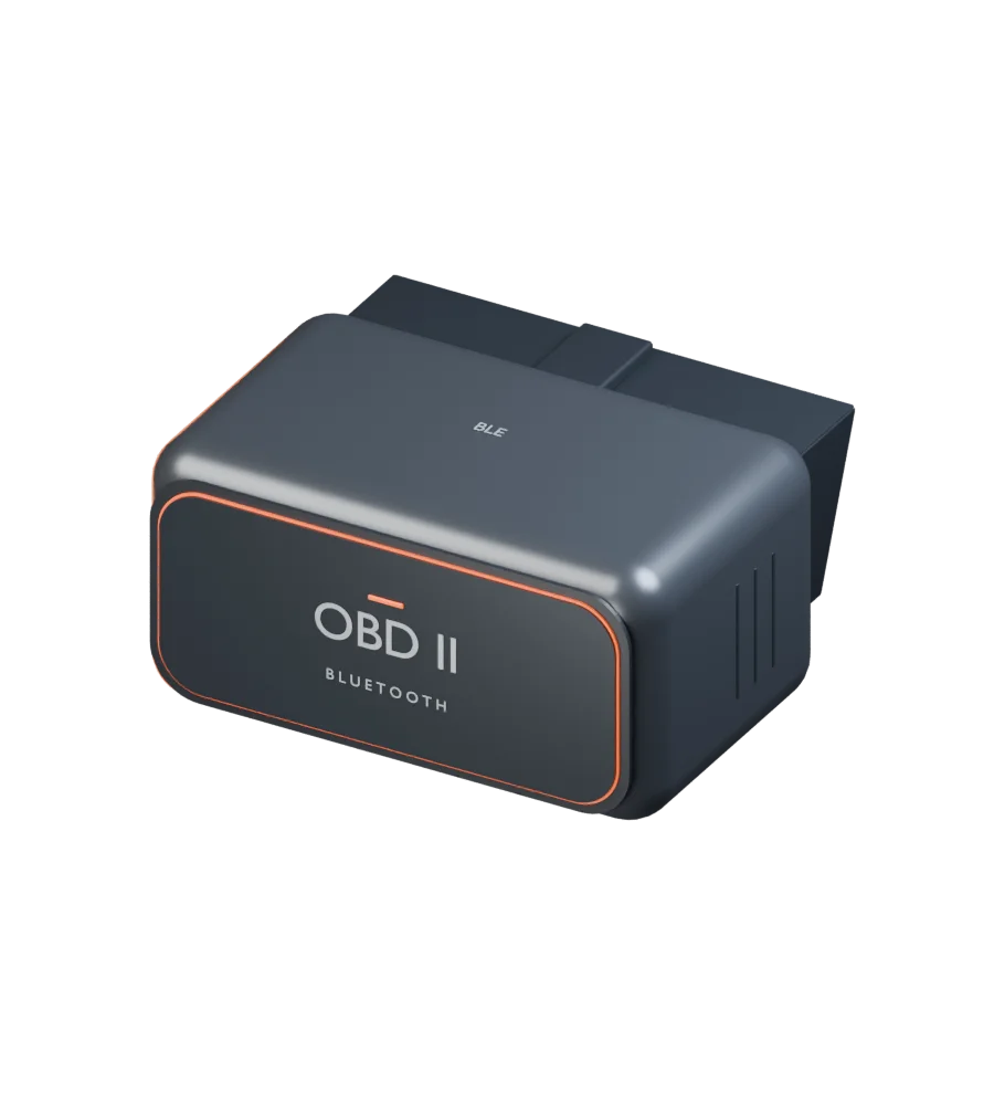 Compact Bluetooth OBD-II concept adapter with a wide graphite body, integrated rear connector, and fine orange light trim